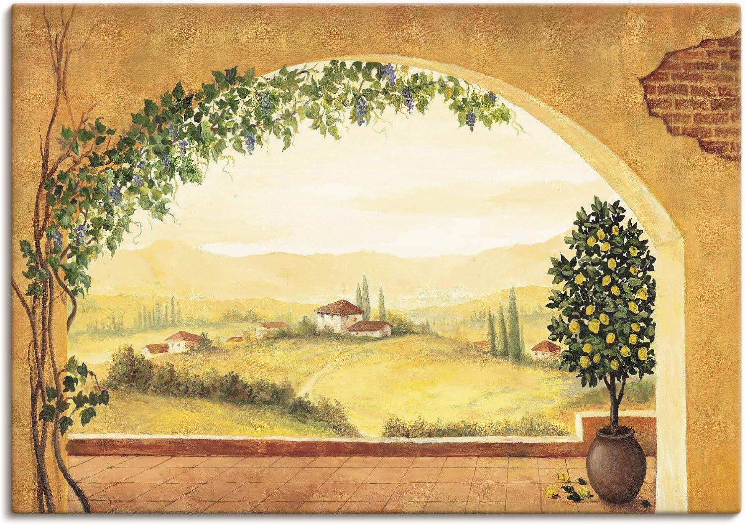 ARTLAND T4MP Wall Decoration Canvas Picture 100 x 70 cm Window View Tuscany Landscape Italy View Mediterranean