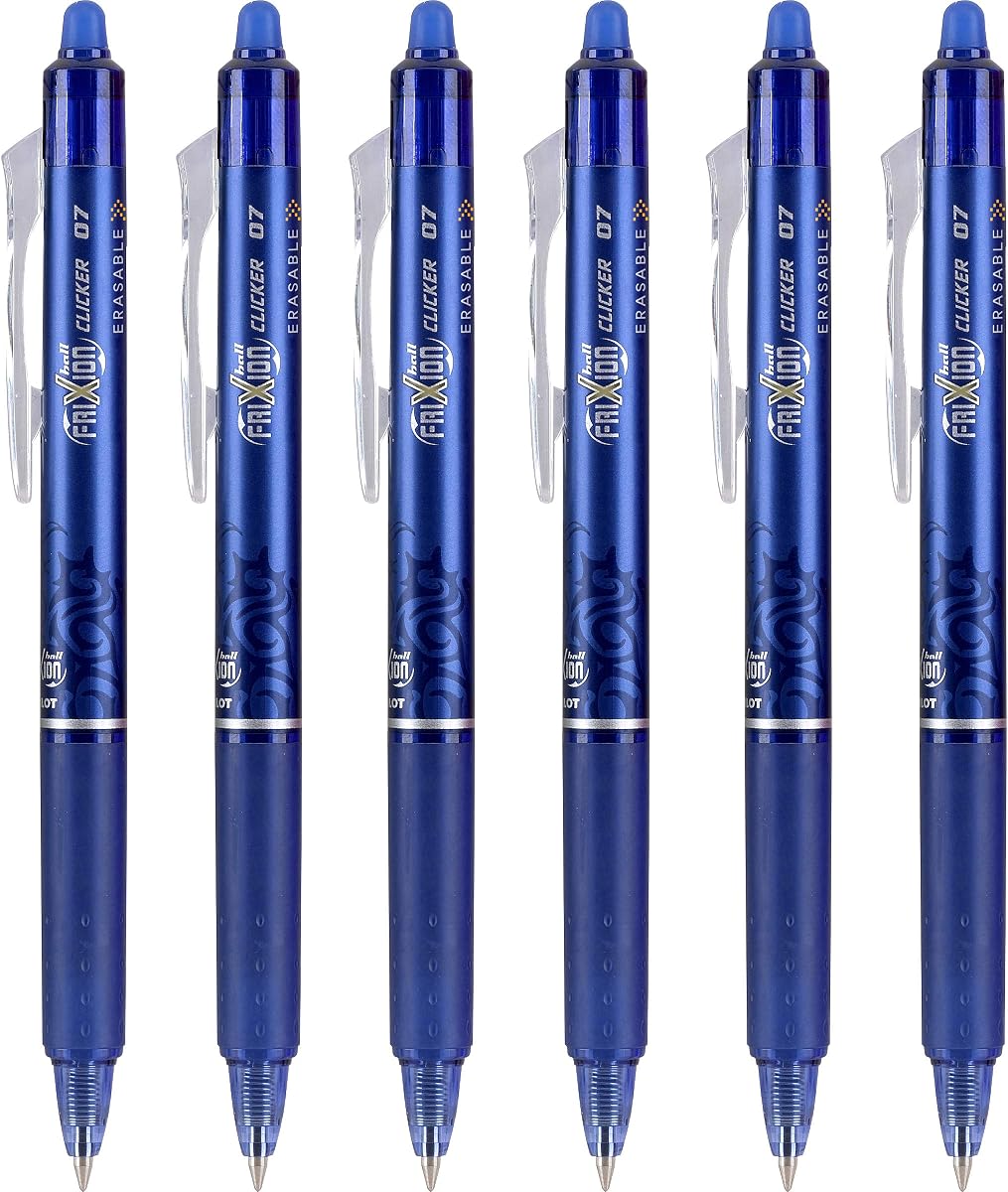 Pilot FriXion Clicker Bolígrafos de gel borrables, punta fina (0,7 mm), tinta azul, paquete de 6, bolígrafos de escritura suaves y recargables para uso escolar, diario y oficina