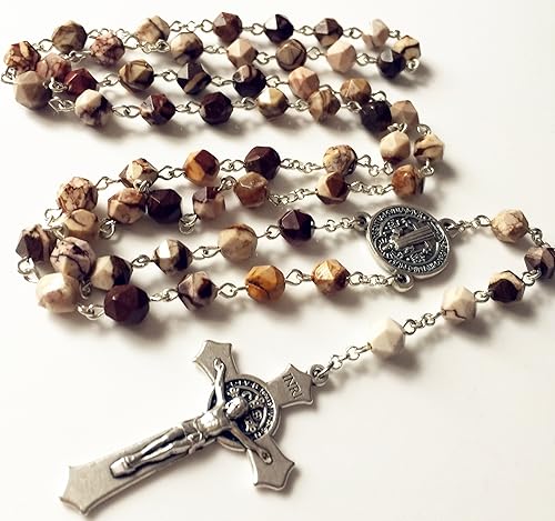Miniatura 3 de elegantmedical Collar católico con cuentas de ágata natural de San Benedicto con rosario, caja de regalo