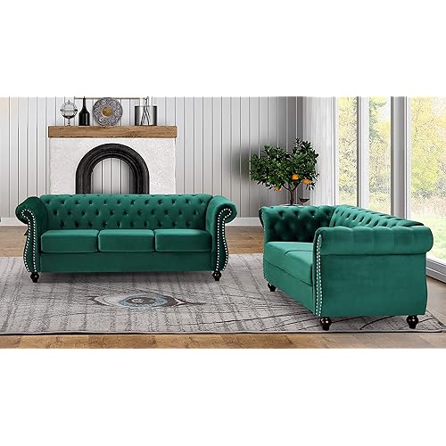 Feinstein Modern Velvet Chesterfield Couches for Living Room with Nailheads, Diamond Tufting & Durable Metal Frame, Loveseat, Sofa, Green
