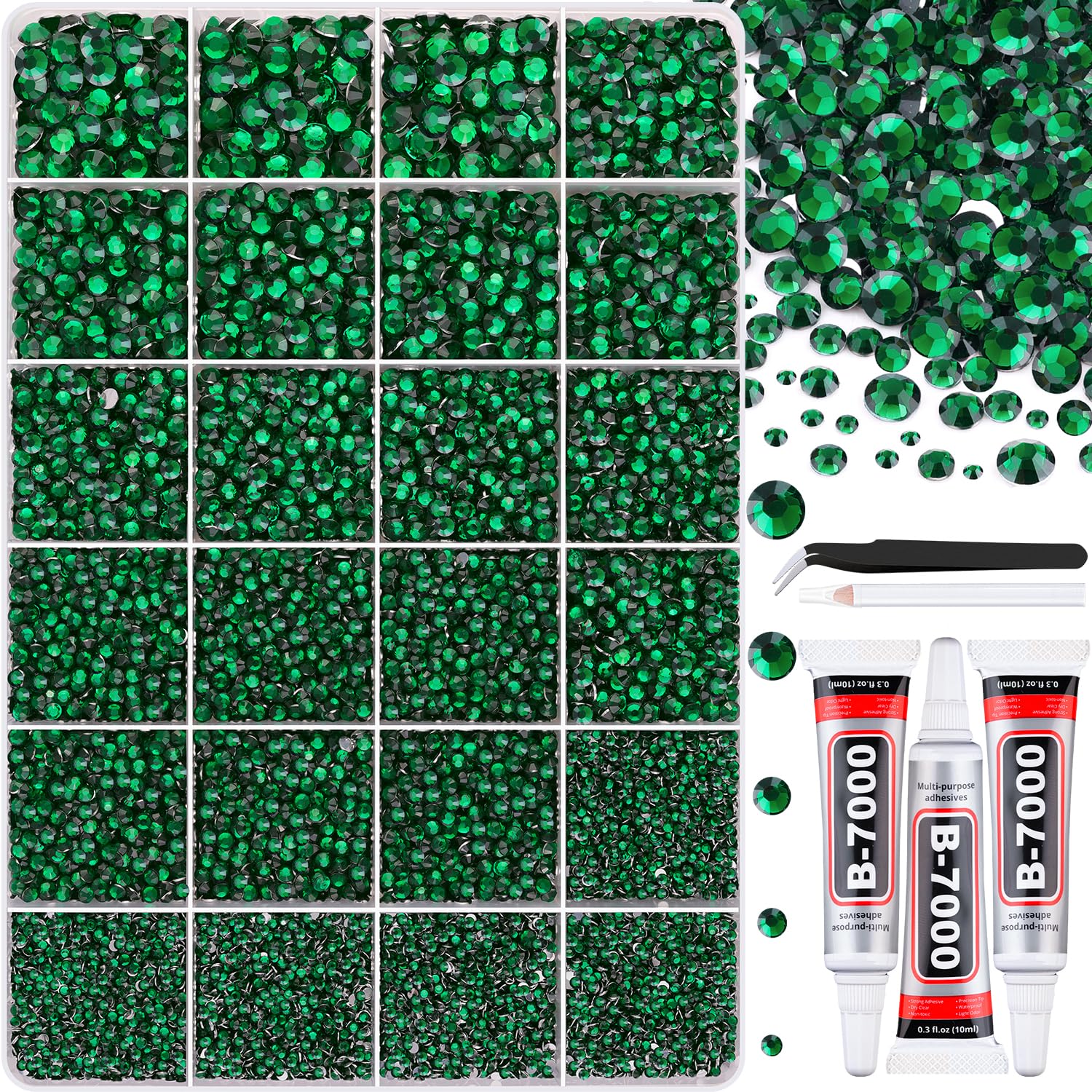 30000Pcs Resin Rhinestones with Tweezers for Crafting, Emerald Green Flatback Gems, Bedazzling Crystal with 3Pcs 10ml B7000 Jewelry Glue for DIY