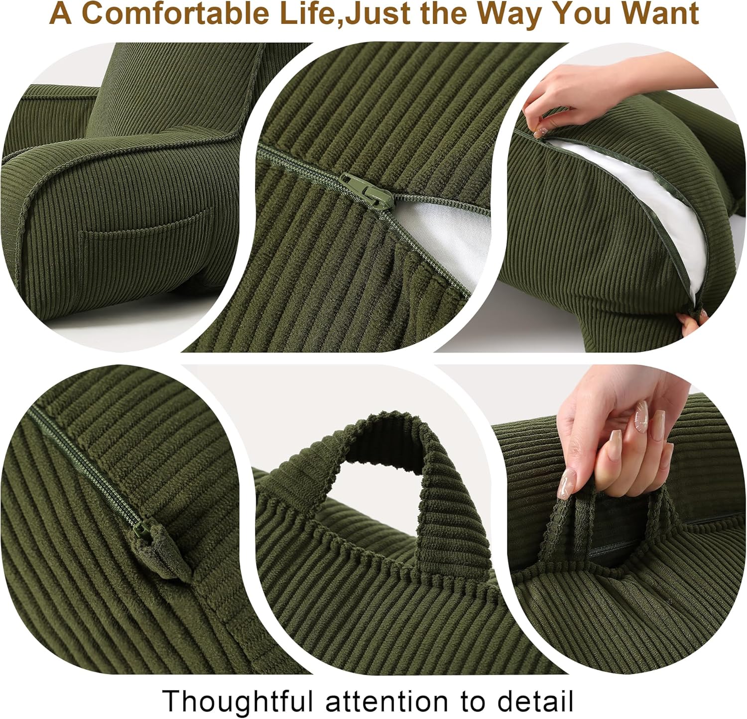 Corduroy Reading Pillow, Backrest Pillow for Sitting Up in Bed, Bed Rest Back Support Cushion for Daybed Sofa Couch, Lounge Pillow with Arms, Side Pockets & Washable Cover, Avocado Green