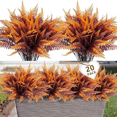 20 plantas artificiales de helecho Boston para exteriores, flores artificiales de otoño, resistentes a los rayos UV, arbustos de helecho de otoño