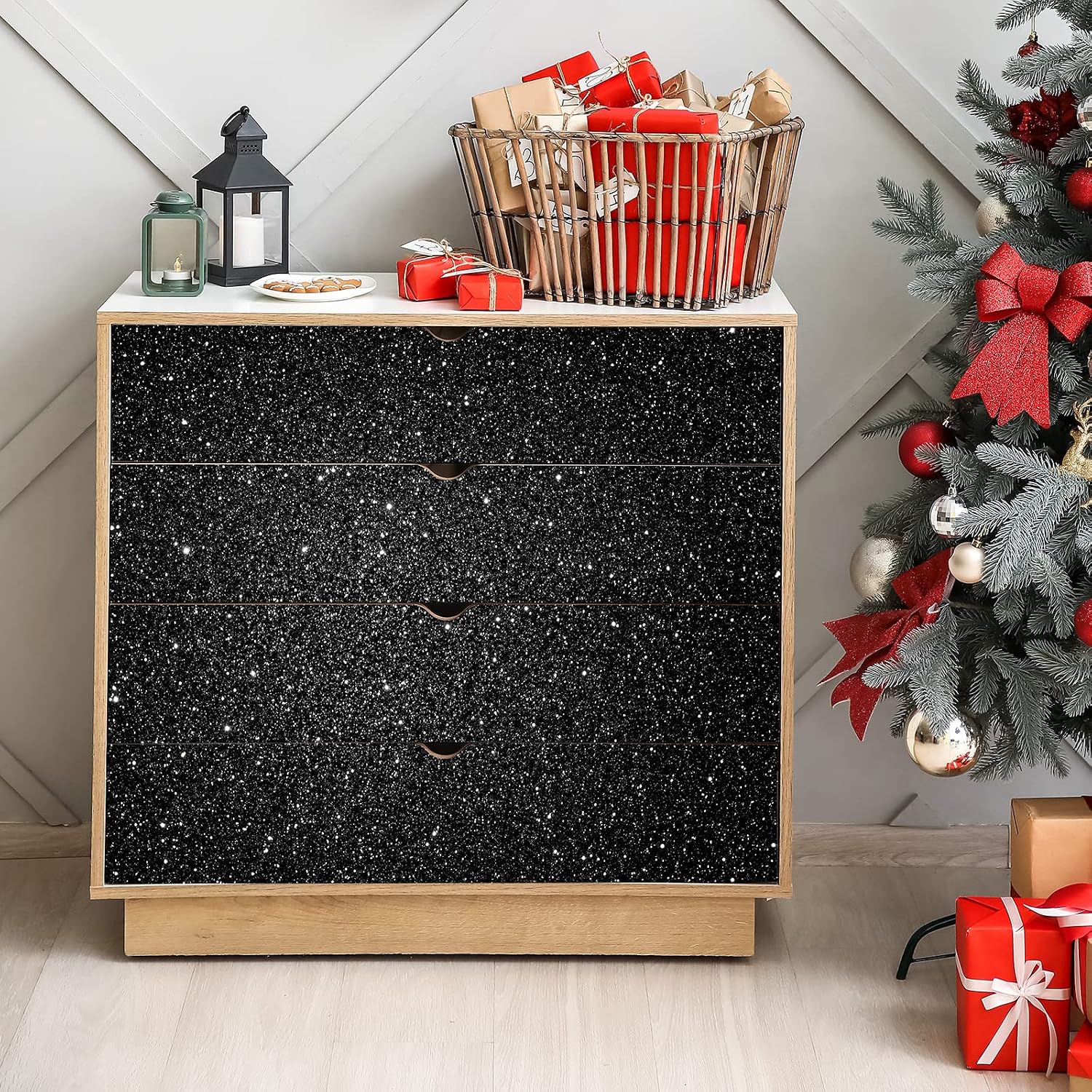 CHIHUT Black Glitter Contact Paper 15.7''x236'' Self Adhesive Black Glitter Wallpaper Roll Removable Glitter Fabric Wall Paper Sparkle Peel and Stick Wallpaper Decorative for Bedroom Accent Walls