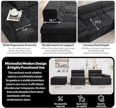 STHOUYN Modular Cloud Sofa Sectional Couch with Ottoman & Higher Backrest, Modern Boneless Couches for Living Room Set Corner Sofa (Black, 36 Inches)