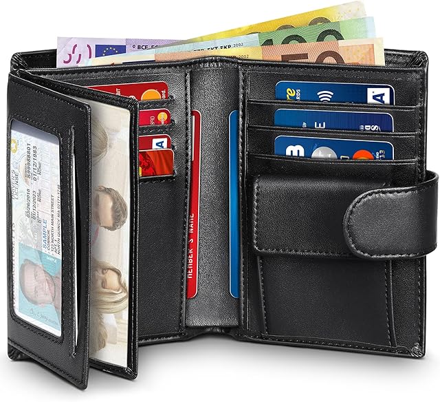 wilbest Wallets Mens RFID Blocking Genuine Leather, Men Wallet with Snap Button Coin Pocket, 2 Banknote Compartments with 1 Inner Zip Pocket, 11 Card Slots, 3 Transparent Windows, Wallet with Gift Box