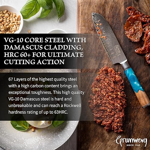 Miniatura 4 de Elements Collection - Cuchillo Santoku de 4.7 in, cuchillas de acero Damasco VG-10 Premium, mango de madera de olivo y resina, funda y caja