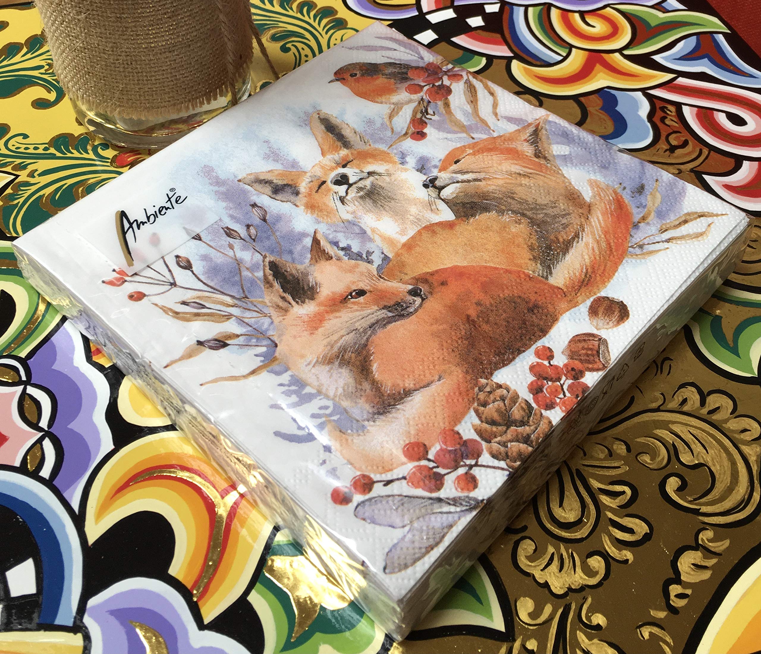 Paper Napkins Christmas Foxes and Robin Lunch Party Festival Approx. 33 x 33 cm Autumn Winter Christmas, Colourful, Mittel - Image 2