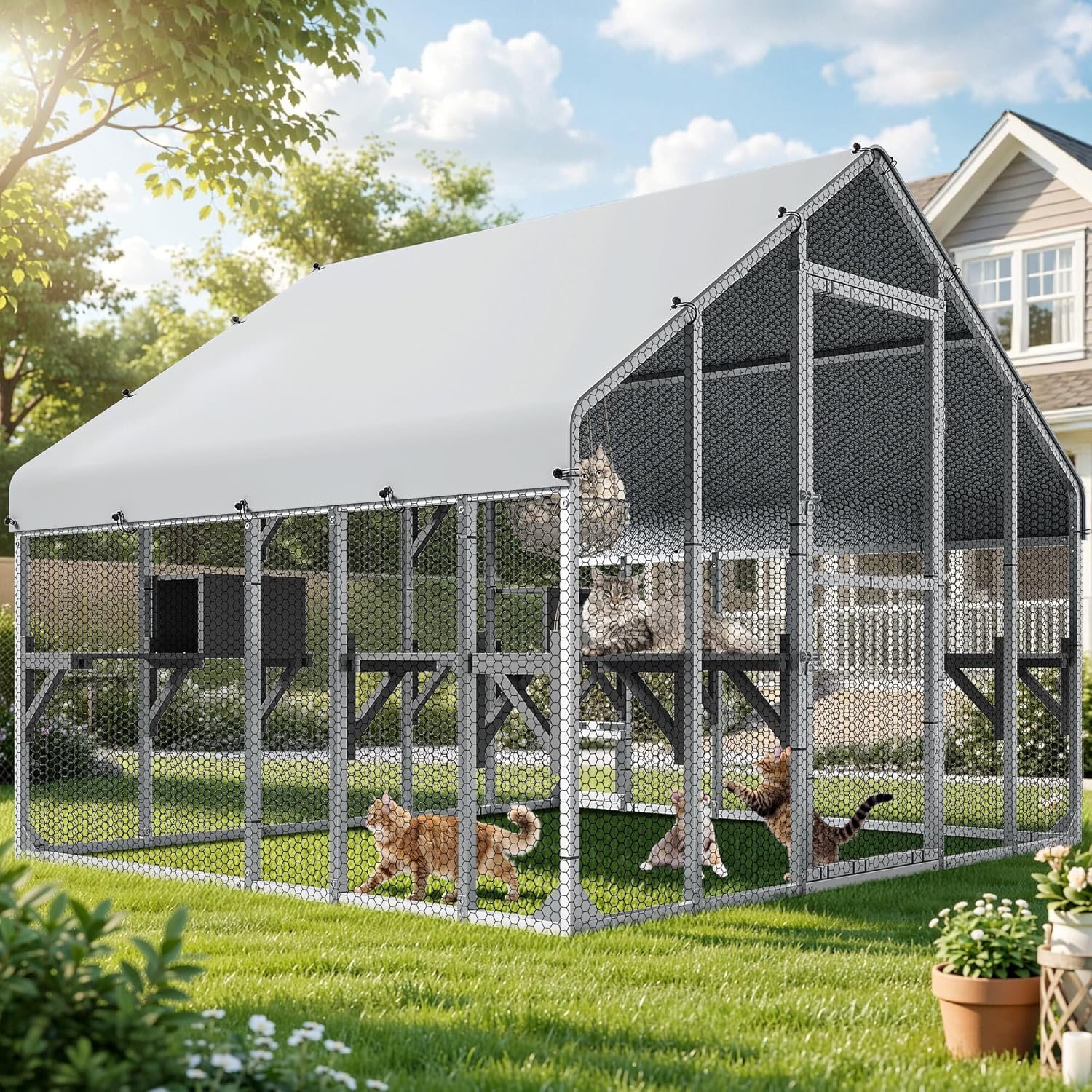 DWVO 94 Inch Catio Outdoor Cat Enclosure, Large Outdoor Cat House for Multiple Cats, Metal Cat Cage Outdoor with Weatherproof Roof, 7 Platforms, 2 Resting Box and Cat Hammock Bed