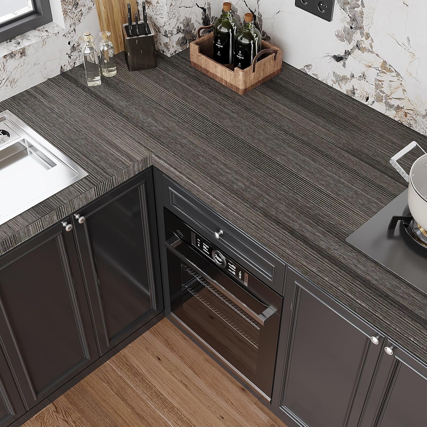 VEELIKE 15.7''x118'' Charcoal Grey Wood Contact Paper Peel and Stick Wood Wallpaper Textured Wood Grain Contact Paper for Cabinets Countertops Waterproof Removable Adhesive Wood Vinyl Wrap for Table