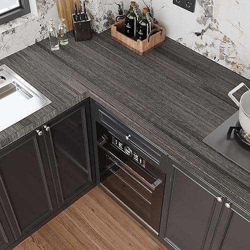 Miniatura 3 de VEELIKE Papel tapiz grueso de madera gris carbón, papel de contacto de madera para encimeras, papel de contacto de grano de madera impermeable para