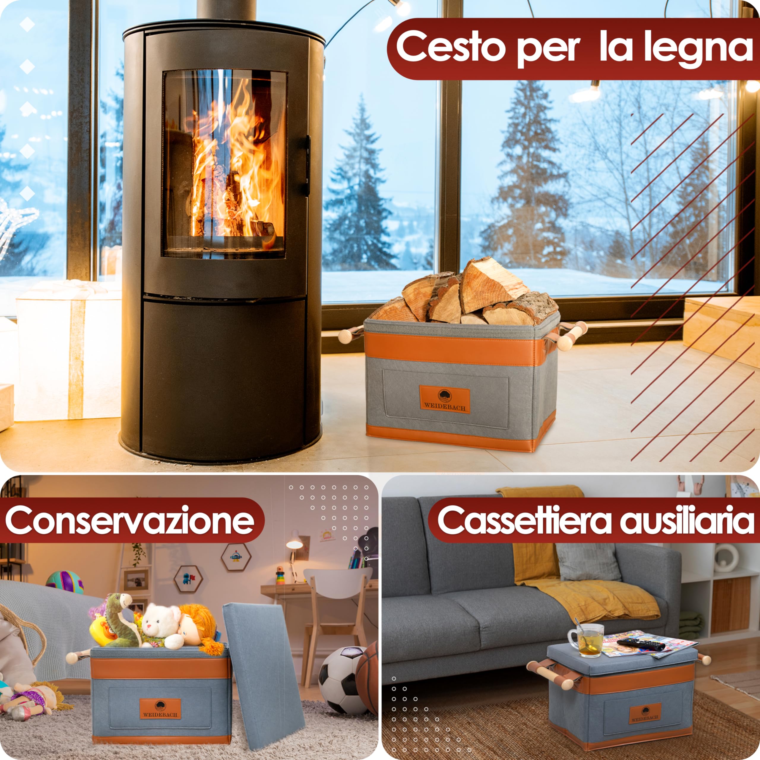 WEIDEBACH® Cesto in Legno per Legna da Ardere 35L (Espandibile a 50L) | Grigio Resistente, 40x30x30cm, Con Manico Antiscivolo, per Conservazione da Camino