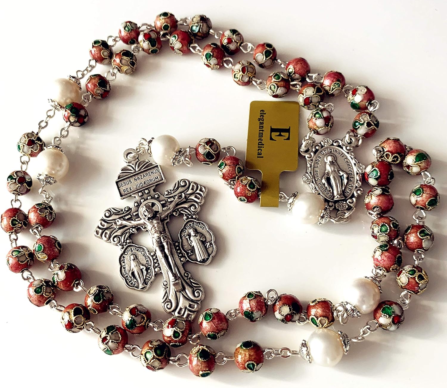 elegantmedical Handmade NICE PINK CLOISONNE & 10mm Pearl BEADS ROSARY NECKLACE Italy Parden Cross Crucifix Catholic gift