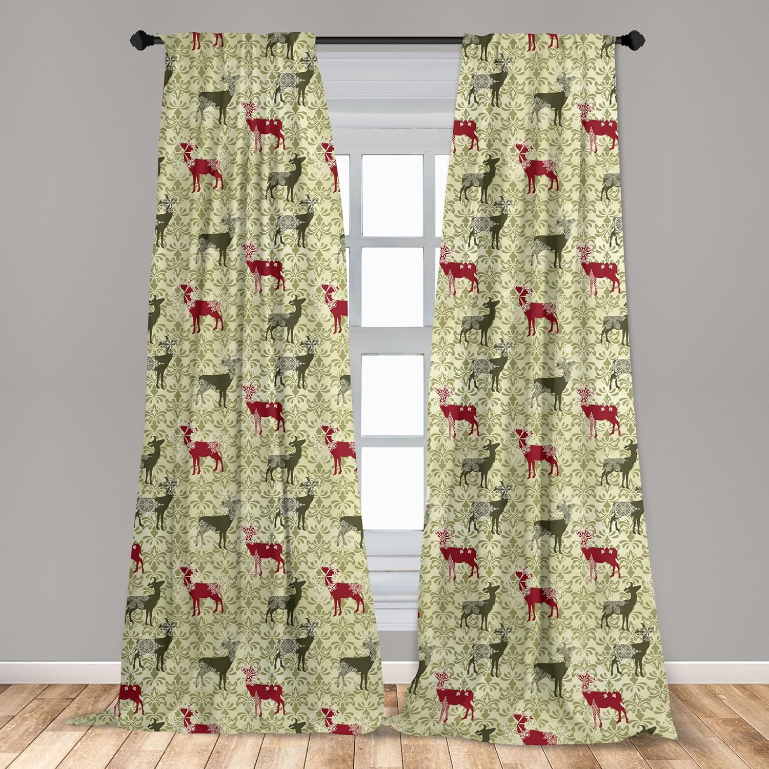 Ambesonne Christmas 2 Panel Curtain Set, Antique Rococo Damask Vintage Falling Snowflakes and Deer, Lightweight Window Treatment Living Room Bedroom Decor, Pair of - 28" x 95", Green Avocado