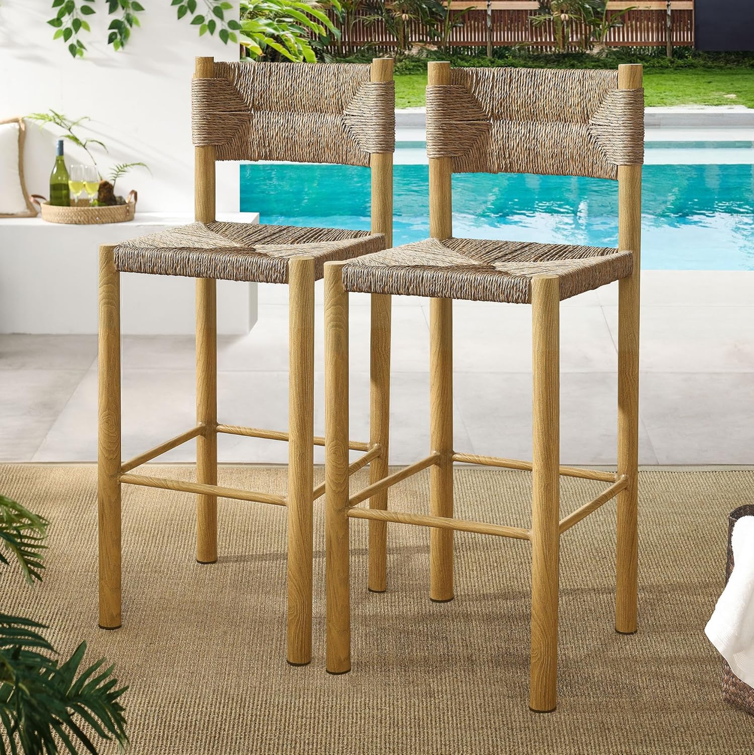 Modway Parkland Outdoor Wicker Bar Stools Set of 2 in Natural — Bar Height Rattan Patio Stools with Backrest — All-Weather Outdoor Accent Stools for Backyard, Porch, or Balcony