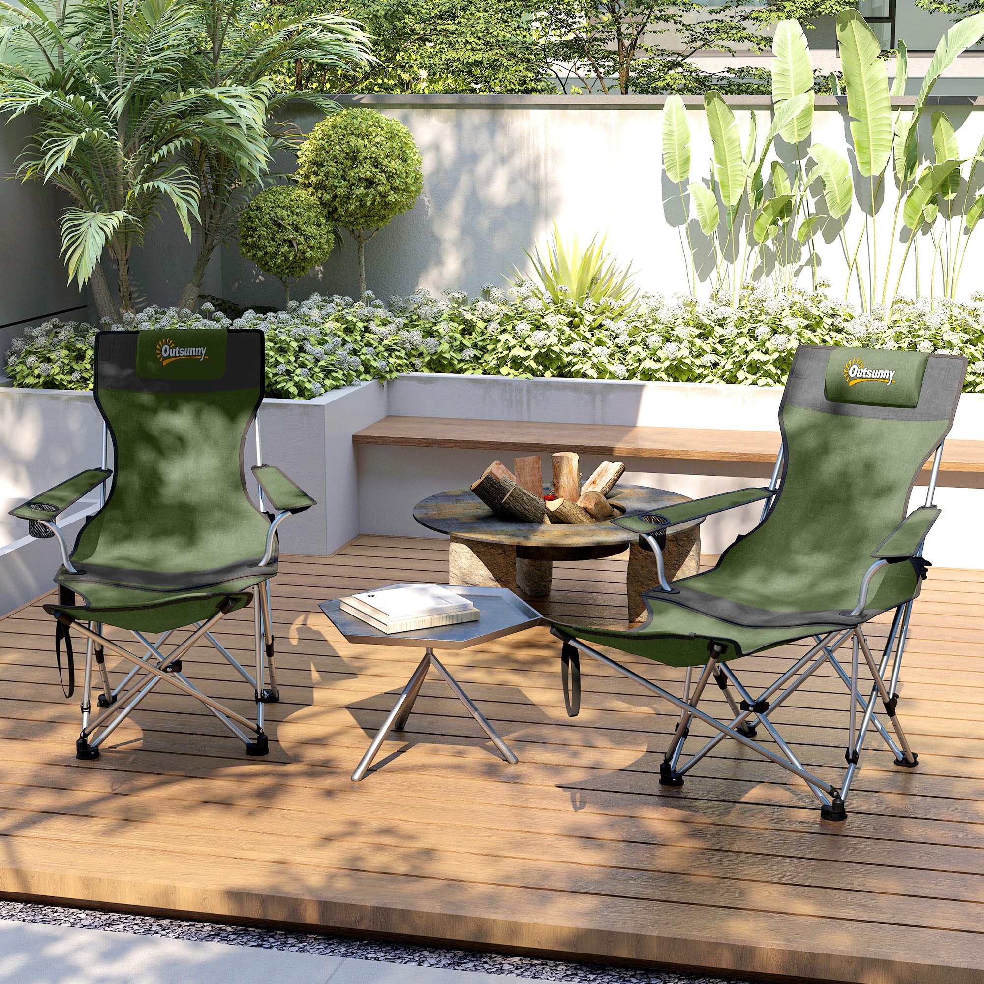 Outsunny Set 2 Sedie da Campeggio Pieghevoli con Poggiapiedi Staccabile, Portabicchieri e Tasca Laterale, Sedie da Giardino in Tessuto Oxford e Metallo, Portata Fino a 120 kg, 125x48x90 cm, Verde
