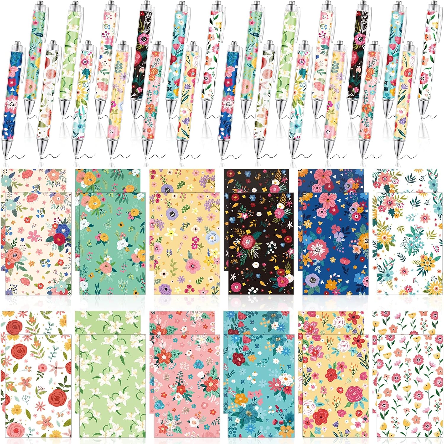 MALOKI 48 Pcs Floral Flower Pens with Notepads Set Pretty Fancy Ballpoint Pens Lined Notebook Small Notepad Memo Pads Set Gifts for Womens Mother's Day School Office Supplies (Flower, 48)