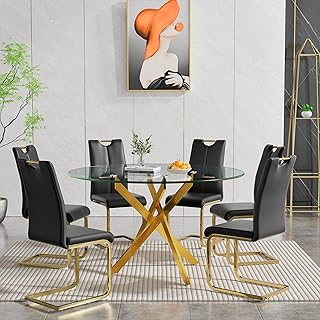Round Dining Table Set for 6, Modern 47.2" Circle Dining Room Table and Chairs Set, Gold Glass Kitchen Table with 6pcs Black Dining Chairs, 7 Piece Dining Set for Kitchen Living Room