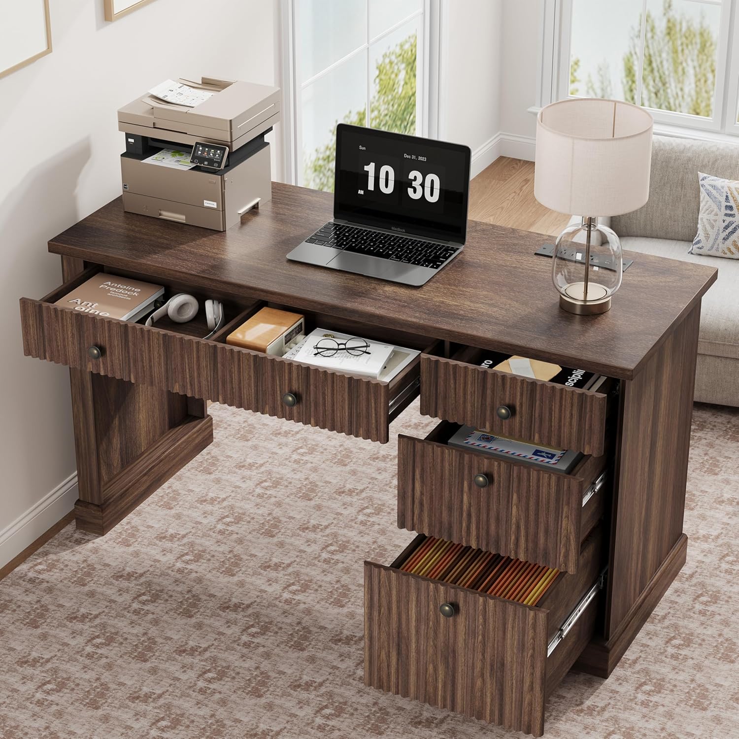 Garvee Fluted Home Office Desk Storage, 54 in Modern Executive Desk with Charging Station, Wooden Computer Writing Desk with File Cabinet & Drawers for Study Room (Brown, 54.0”L x 21.6 in D x 30.0"H)