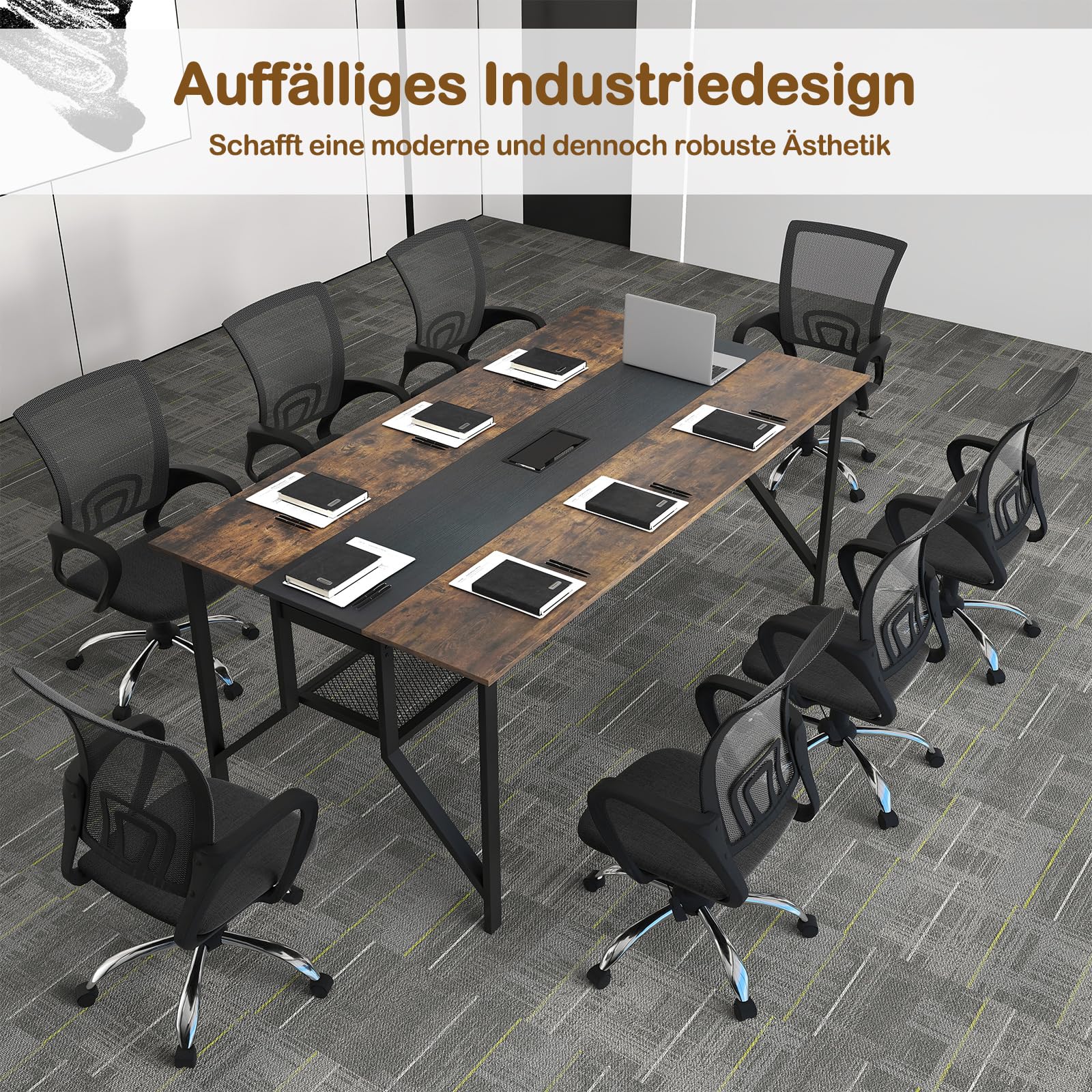GYMAX Großer Konferenztisch 180 x 96 cm, Besprechungstisch für 6-8 Personen mit Kabeldurchlässen & Ablageregal, Meetingtisch für Geschäftstreffen, Konferenzraum & Büro