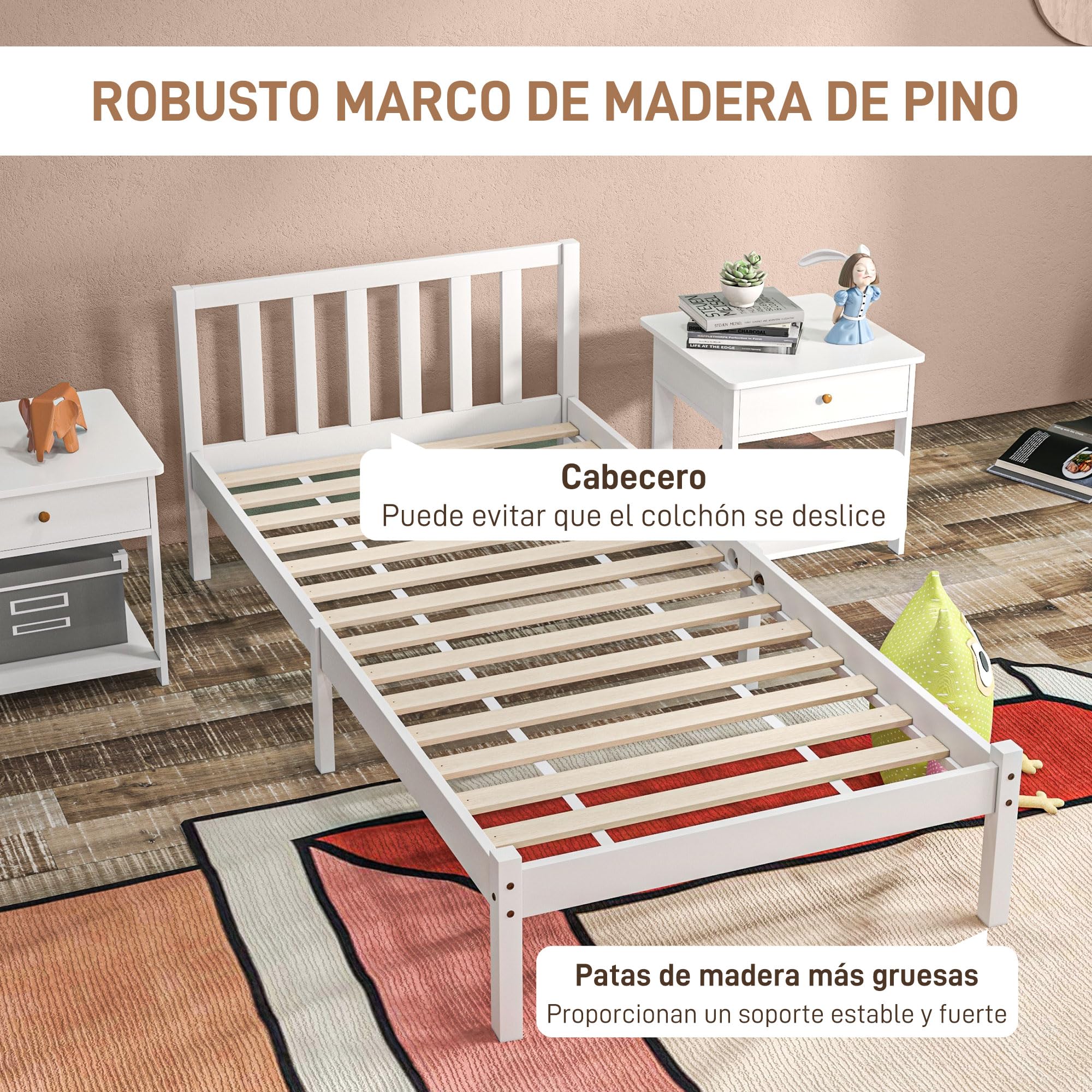 HOMCOM Marco de Cama de Madera Somier con Cabecera 198x96x70 cm Blanco