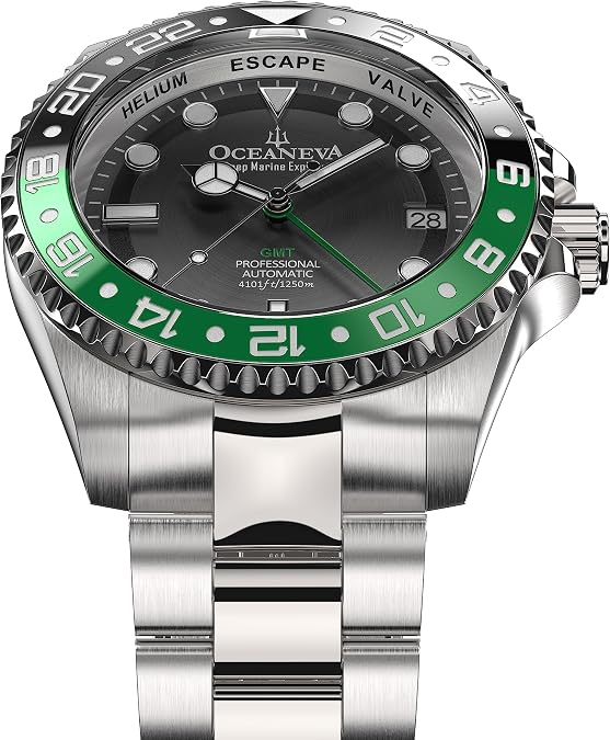 OceanevaTM Men's GMT Automatic Deep Marine Explorer 1250M Pro Diver Black Green Bezel Watch - Stainless Steel Bracelet