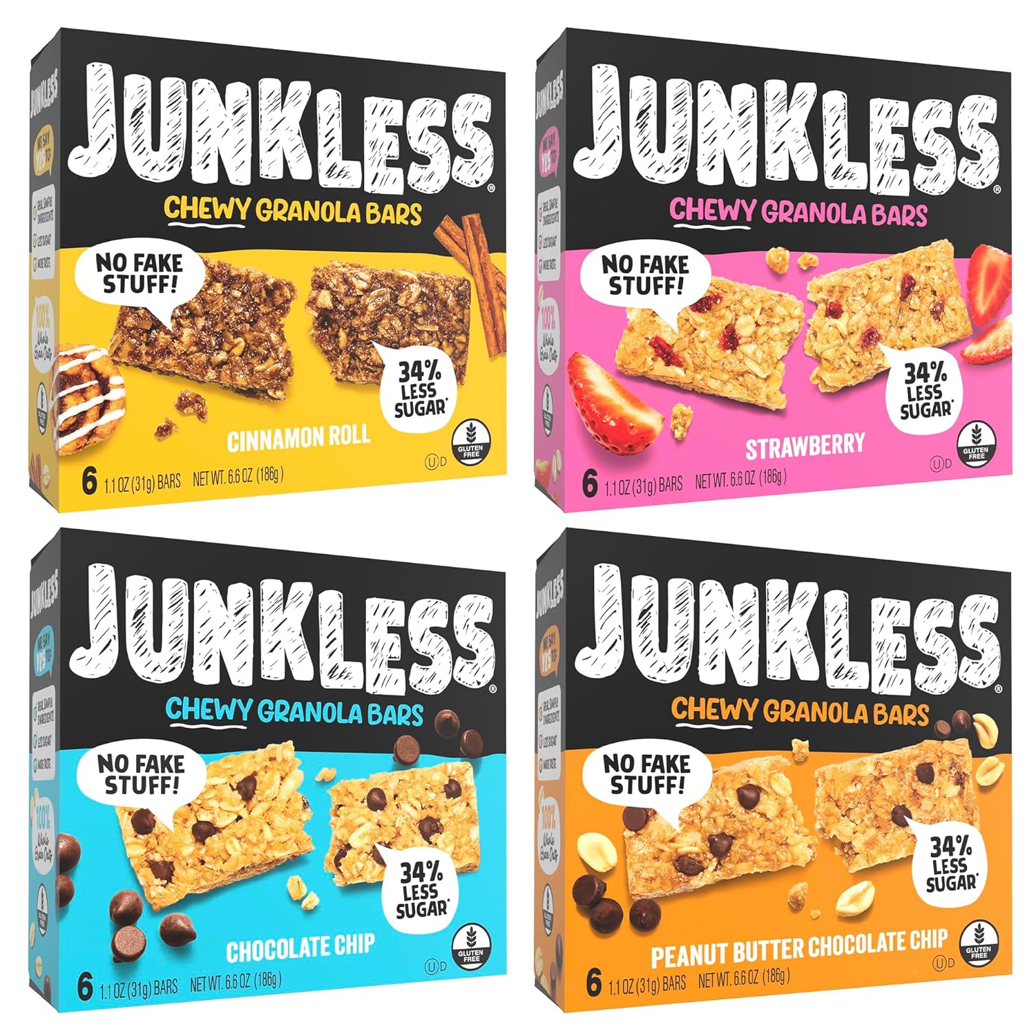 Junkless Chewy Granola Bar 4-Flavor Variety Pack – Less Sugar, Great Tasting, Wholesome Snacks – Bulk Granola Bars – 1.1 oz. Bars, 4 Boxes