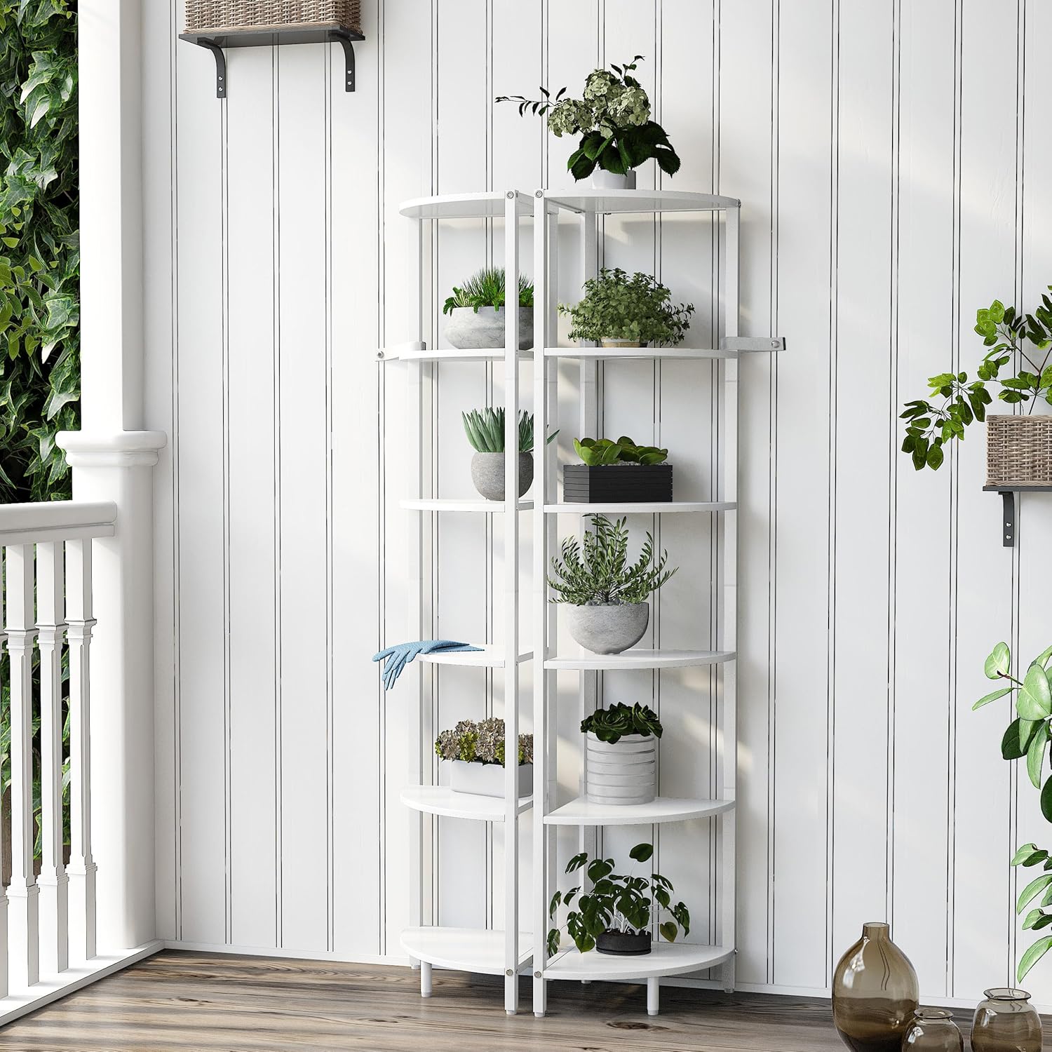 6 Tier Corner Shelf 63.1" Tall Corner Shelves Stand Ladder Shelf Metal Standing Bookshelf Organizer Display Rack Bookcase Plant Stand Industrial Rustic for Living Room Bedroom White CS-001W1