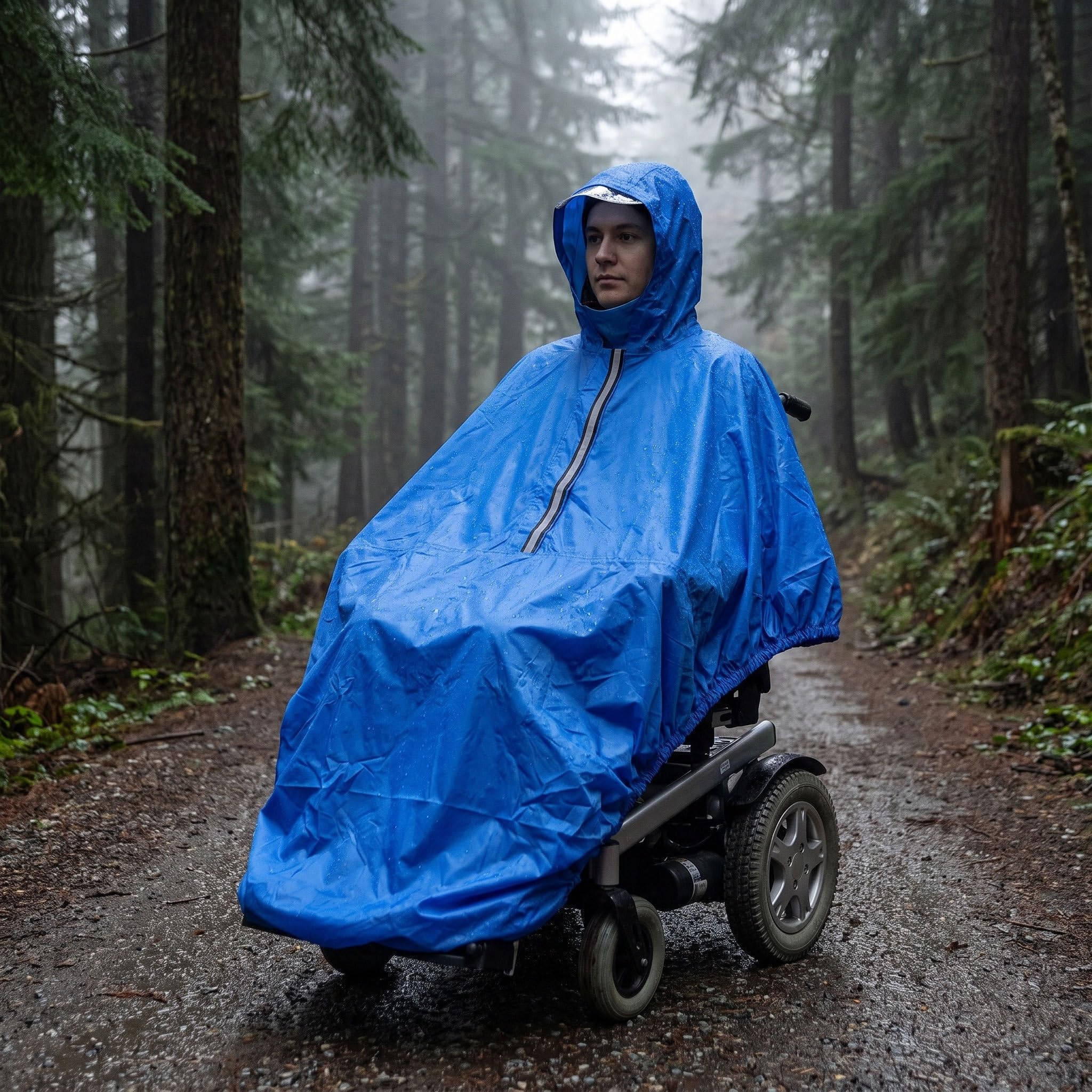 Elektrischer Rollstuhl Vollschutz, PVC, Blau, Regencape mit Kapuze