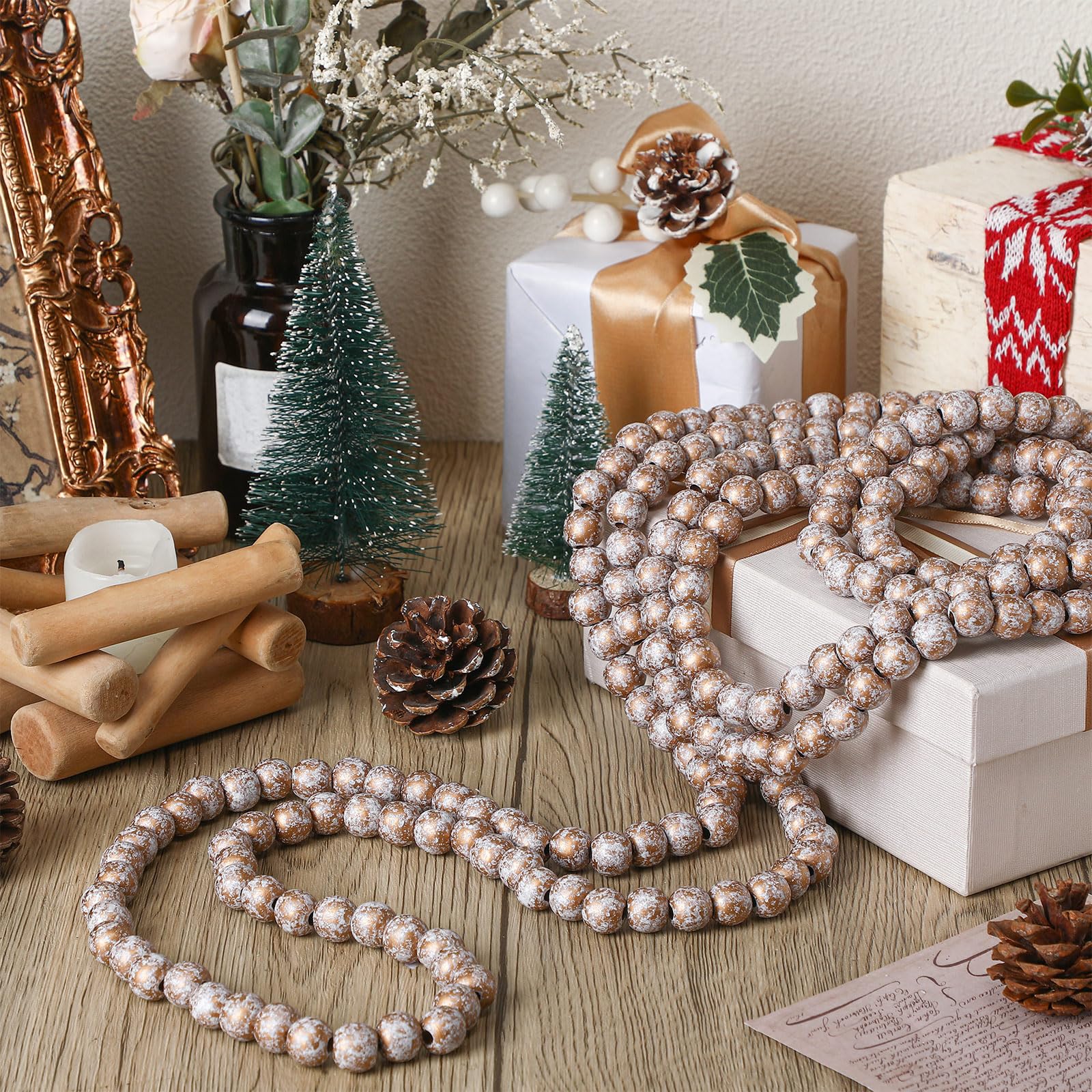 Hicarer Guirlande de perles de Noël en bois pour sapin de Noël - 3,7 m - Blanc doré