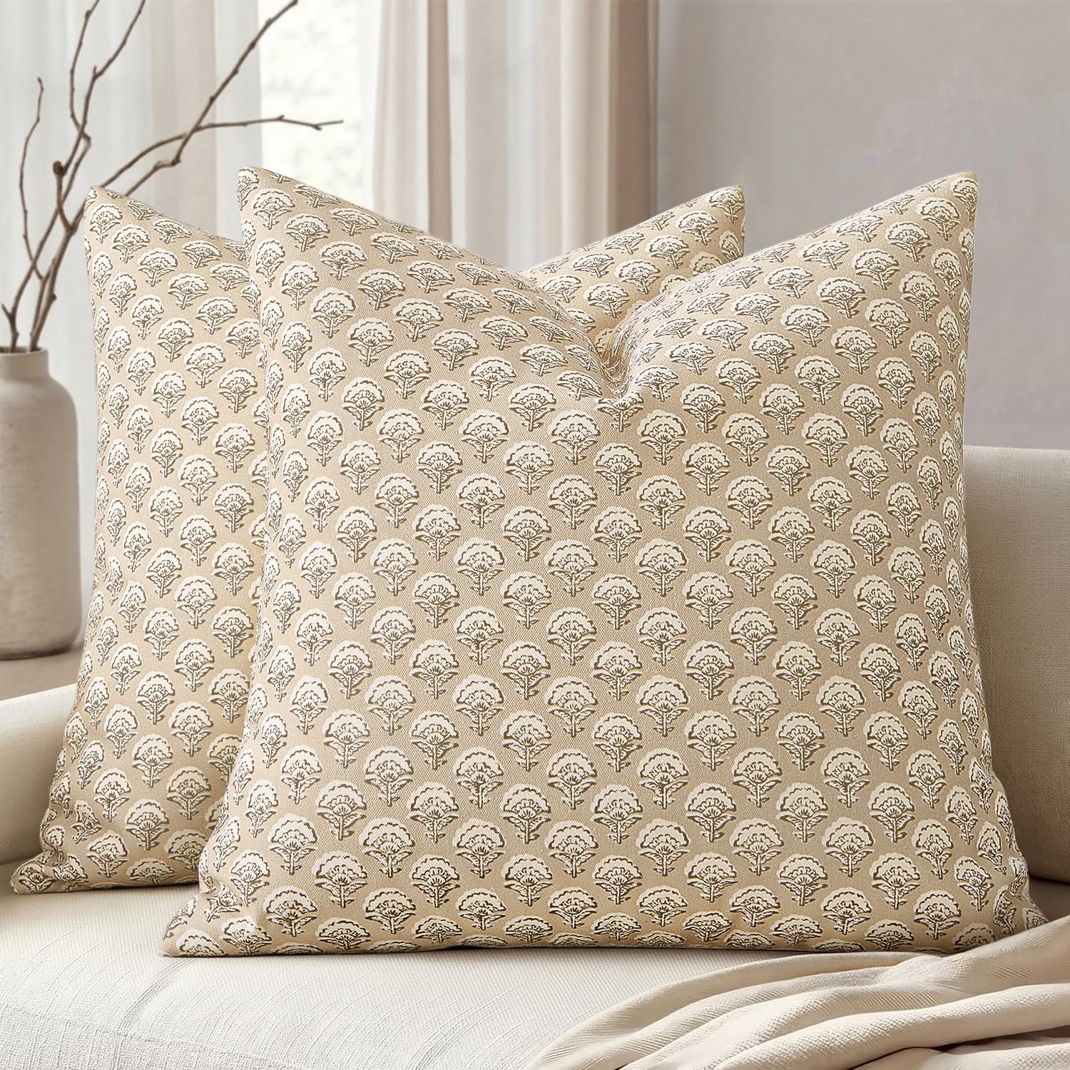 MIULEE Set of 2 Decorative Floral Pillow Covers Neutral Vintage Throw Pillows Block Print Boho Farmhouse Cushion Covers for Modern Spring Home Decor Couch Sofa Bed Living Room, 18x18 Inch, Light Taupe — view 13