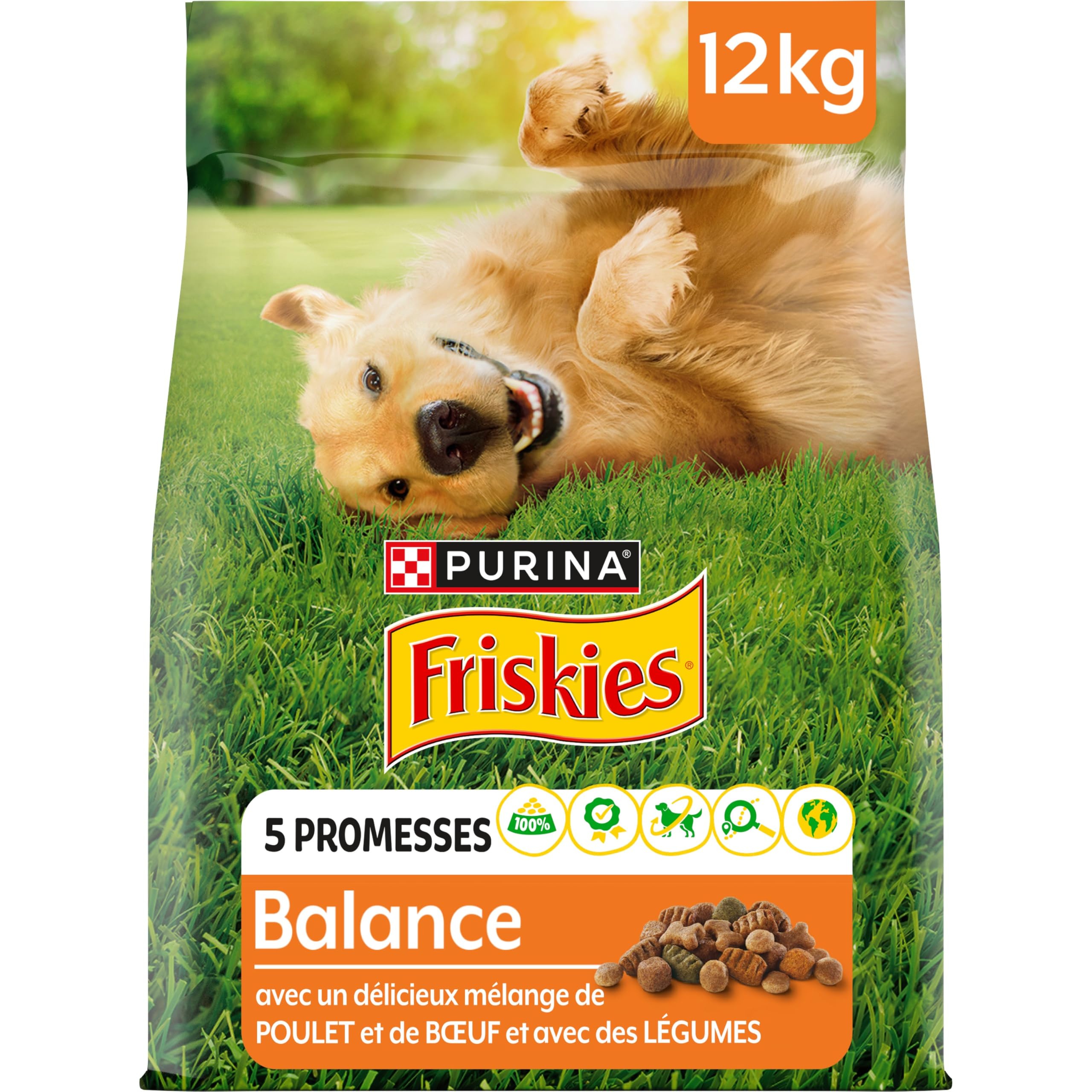 FRISKIES | Balance | Chien | Croquettes pour Chiens Adultes | au Poulet, au Boeuf et Légumes ajoutés | Source de protéines de Haute qualité | Sac | 12 KG