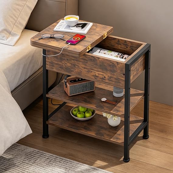 Side Table with Charging Station, Small Flip Top Narrow Sofa End Table