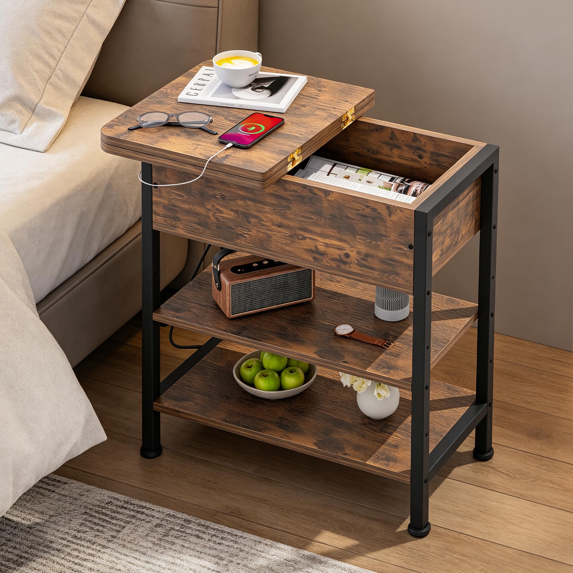 Mesa Auxiliar Pequeña con Multienchufe, Mesa Lateral Estrecha Madera