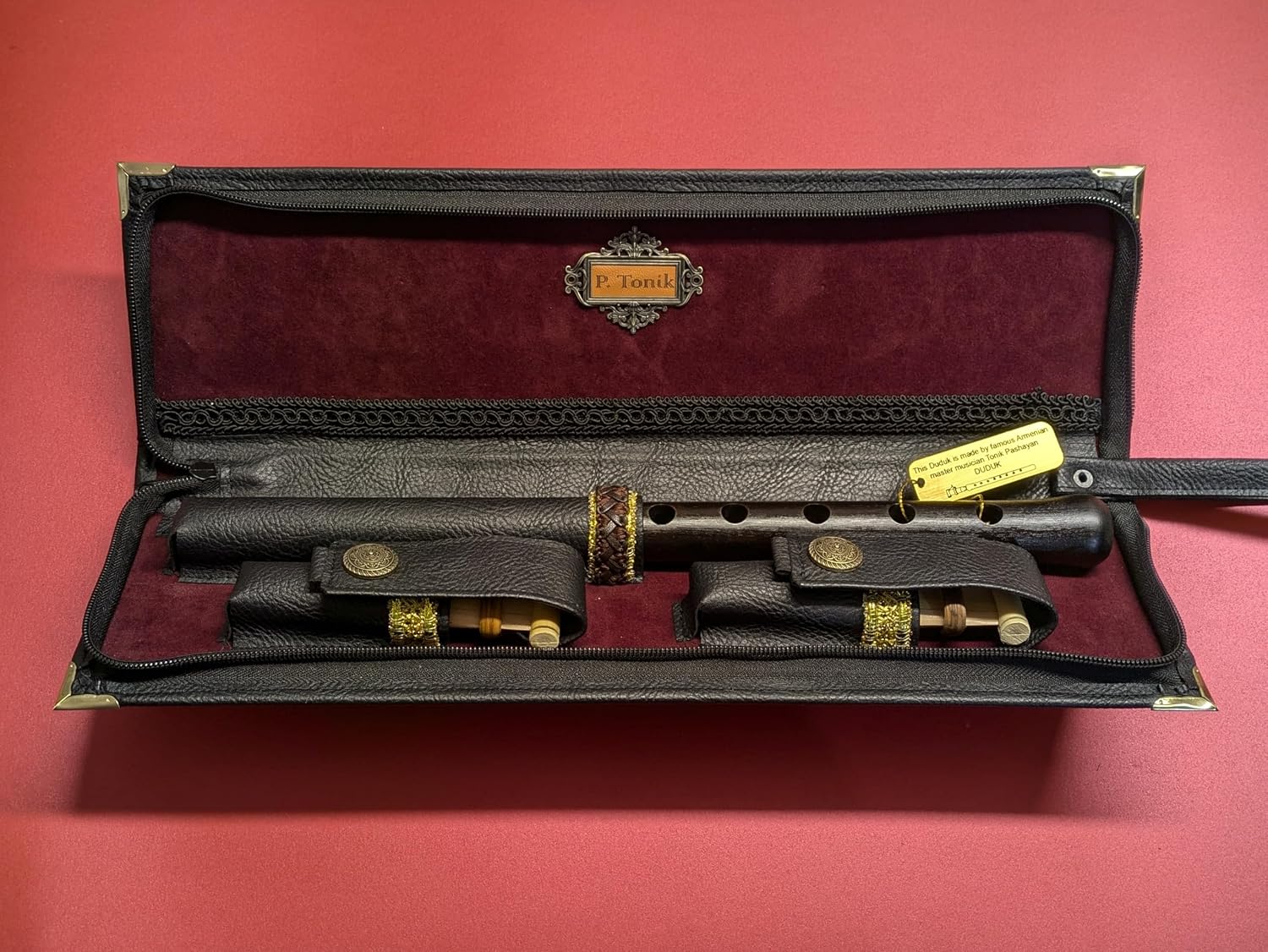 Armenian Duduk Official P. Tonik, Professional Concert Quality Musical Instrument, Handmade from Armenian Apricot Wood, 2 Professional Reeds, Genuine Leather Case, Made in Armenia (Black Leather Case)