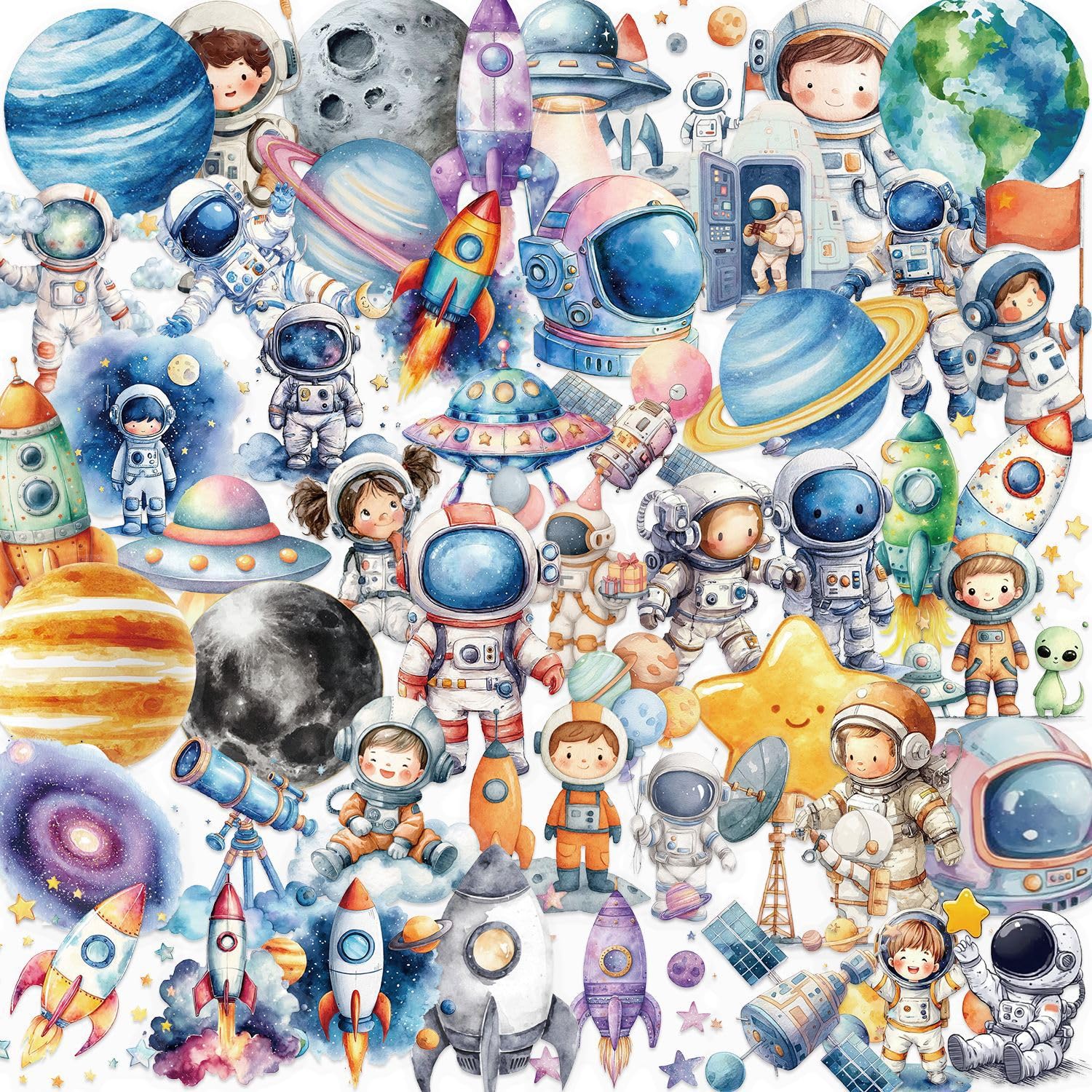 50 Pcs Space Astronaut Stickers Laptop Car Scrapbook Phone Skateboard Suitcase Luggage Bike Space Transparent Vinyl Waterproof Aesthetic Personalised Stickers for Adults