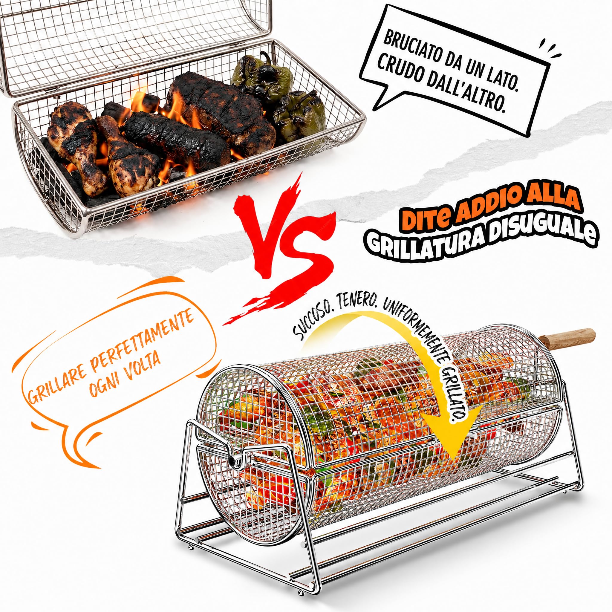 2-in-1 Cestello Barbecue Rotolabile Rotante, Acciaio Inossidabile 304 con Doppi Manici Rimovibili, Accessori per Verdure Gamberetti, Idea Regalo Uomo Papà Marito Compleanno Papà Marito Compleanno