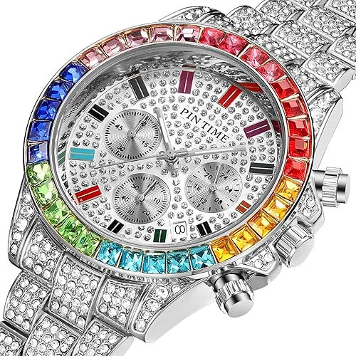 Miniatura 2 de Gosasa Lujo Bling-ed Out Esfera colorida Full Diamond Hip Hop Rocks Relojes Moda Cuarzo Analógico Acero inoxidable Pulsera Reloj (Plata), plateado,