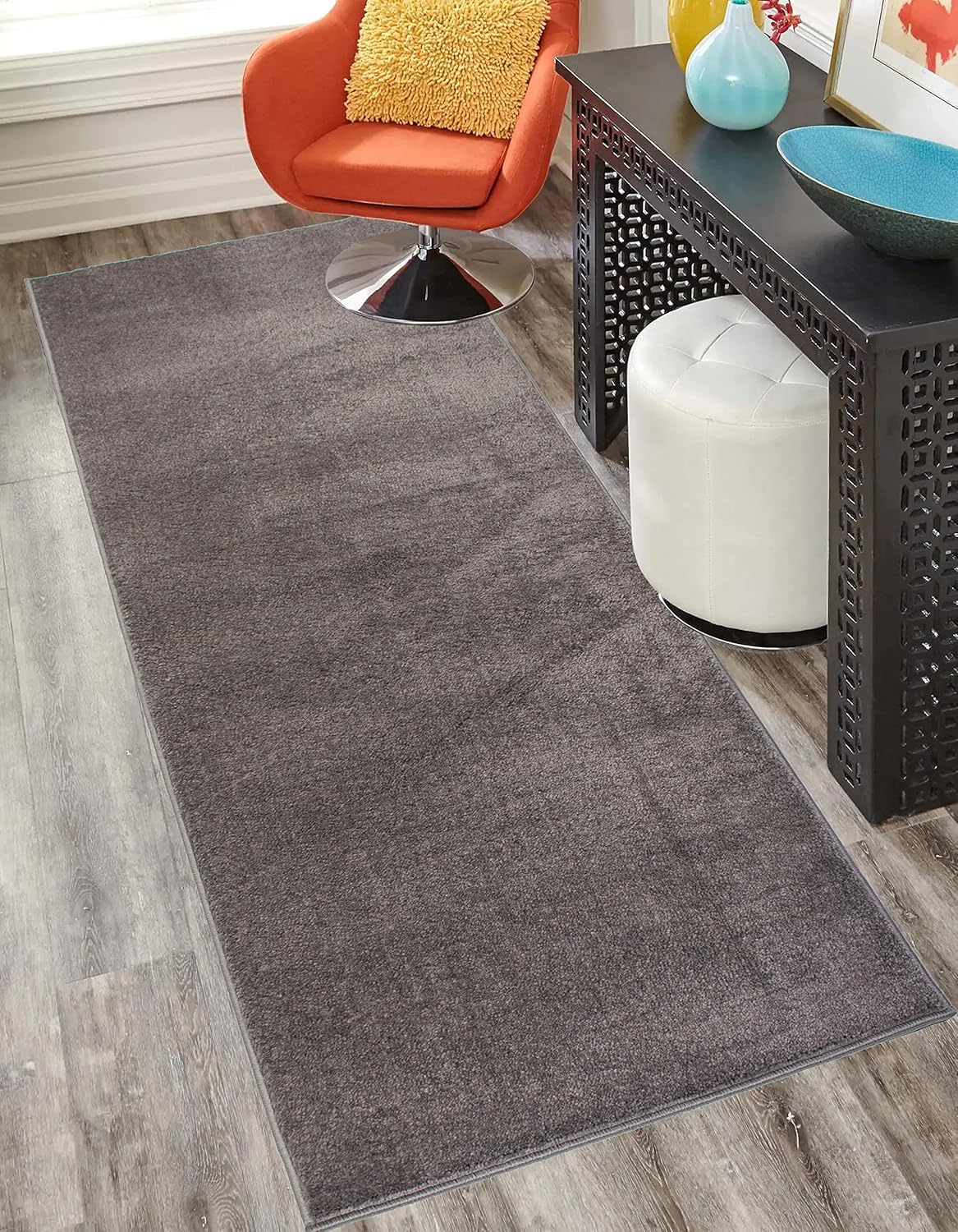 Washable Custom Size Runner Rug Solid Color Grey, (14 Feet