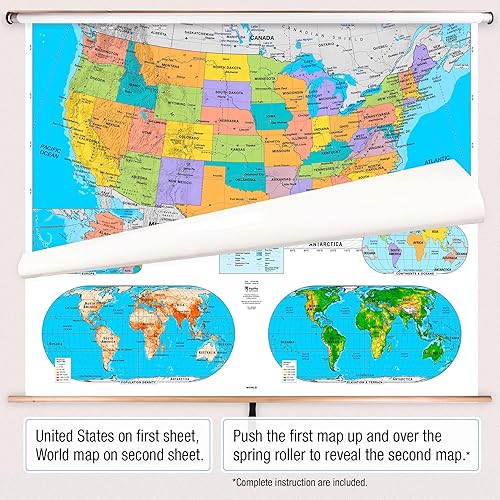 Miniatura 2 de BrightWay Educational - Juego de mapas desplegables para aulas primarias de Estados Unidos y del mundo con paneles educativos  Mapas de pared