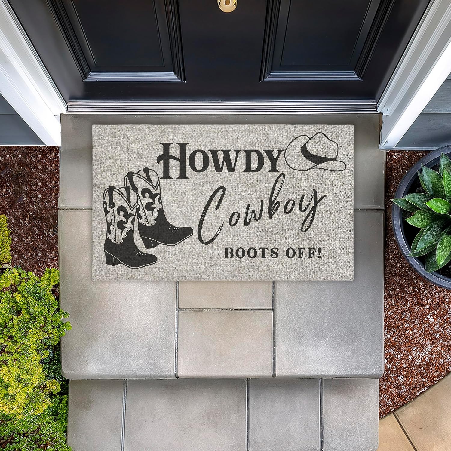 Cowboy Boots Off Entry Outdoor Door Mat, Durable Non-Slip Woven Natural Texture Mat with Recycled Rubber Backing, Weather-Resistant Western Farmhouse Entry Design by Deane Beesley, 18"x30"