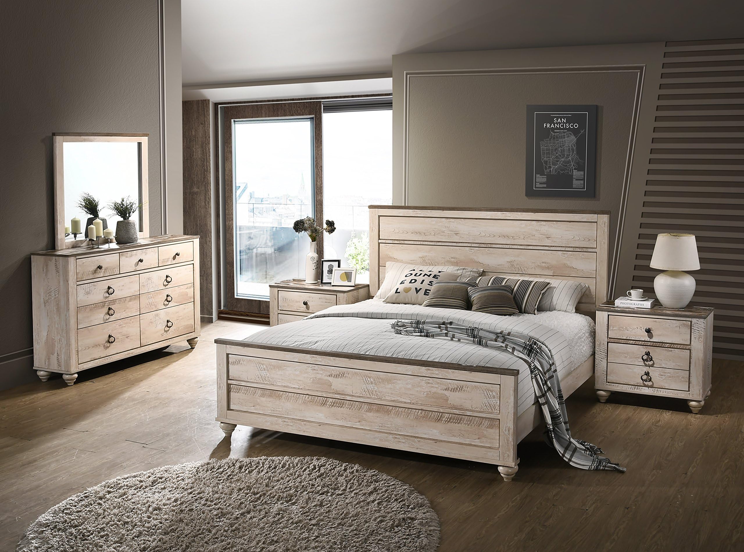 Amerland Contemporary White Wash Finish 5-Piece Bedroom Set,