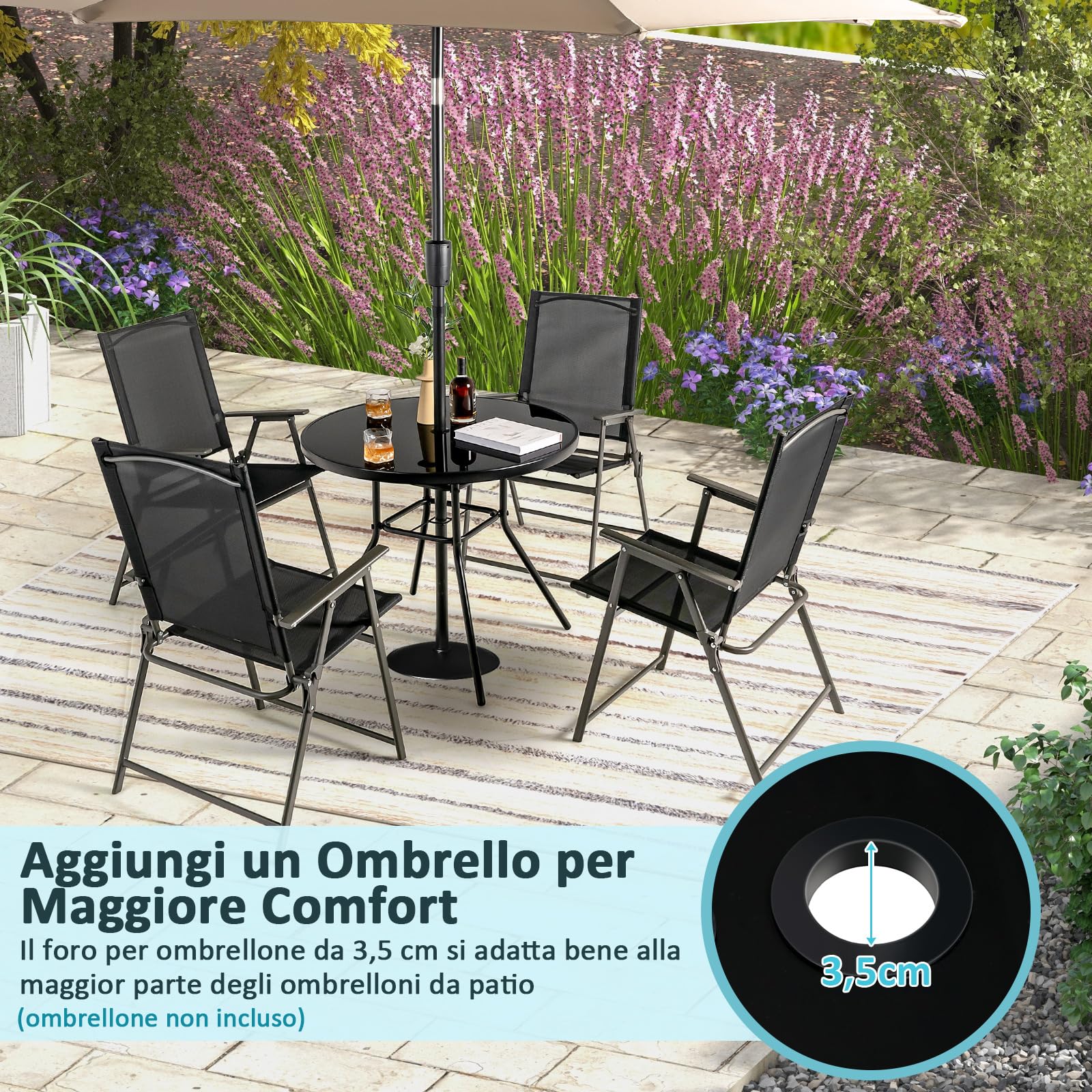 COSTWAY Tavolo Rotondo da Giardino con Buco per Ombrellone, Tavolo da Esterno in Vetro Temperato Struttura in Metallo, Tavolino per Balcone, Terrazza, Sala Pranzo e Soggiorno, 86 x 86 x 71 cm, Nero