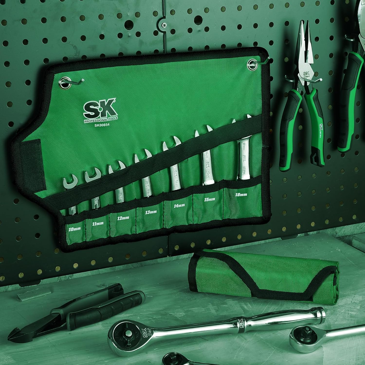 SK Stubby Ratcheting Wrench Set, Combination Wrench Set, 14-Piece, SAE & Metric, 72-Tooth, CR-V Steel, with Rolling Pouch