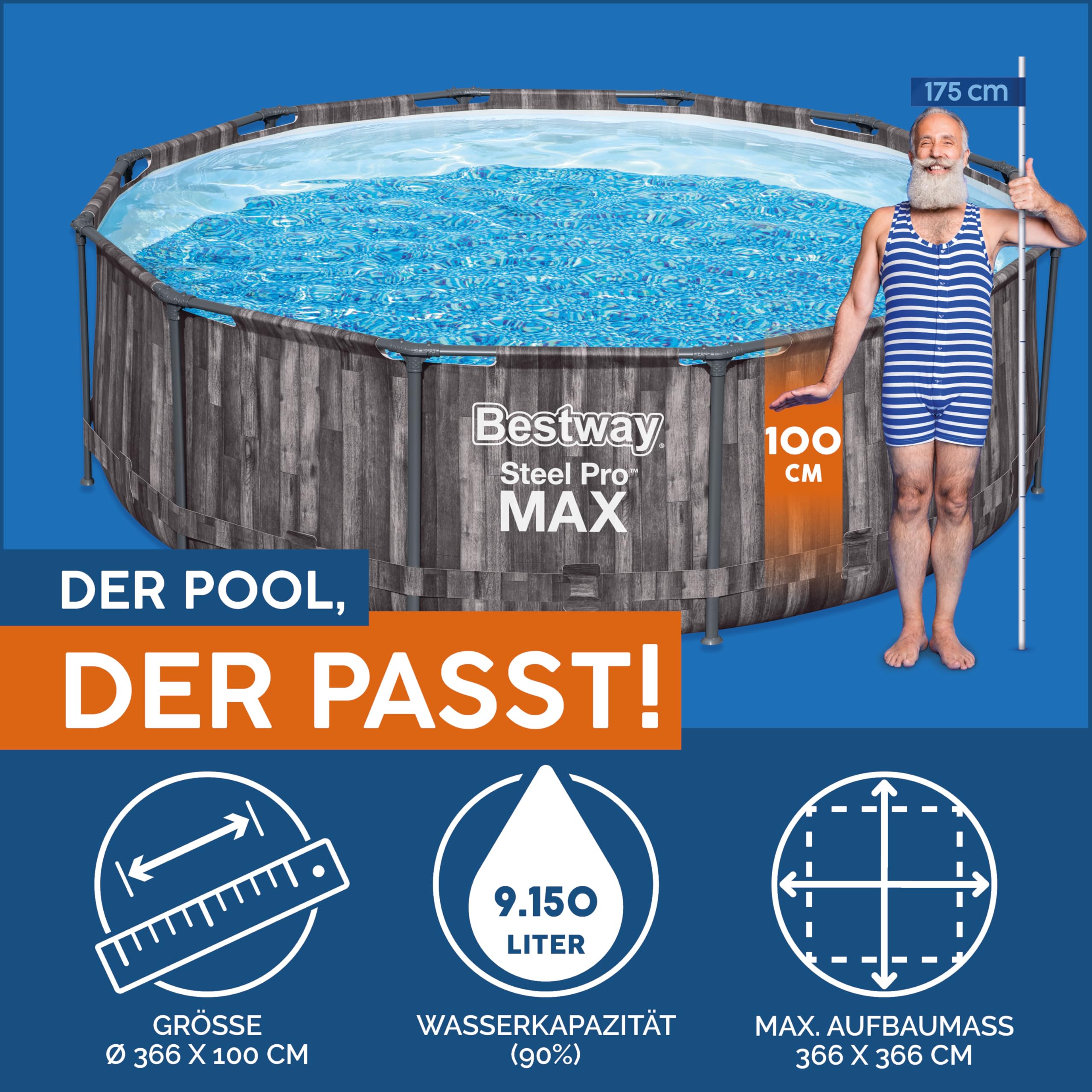 Bestway Steel Pro MAX - Set per piscina con pompa filtro, Ø 366 x 100 cm, effetto legno (quercia), rotondo