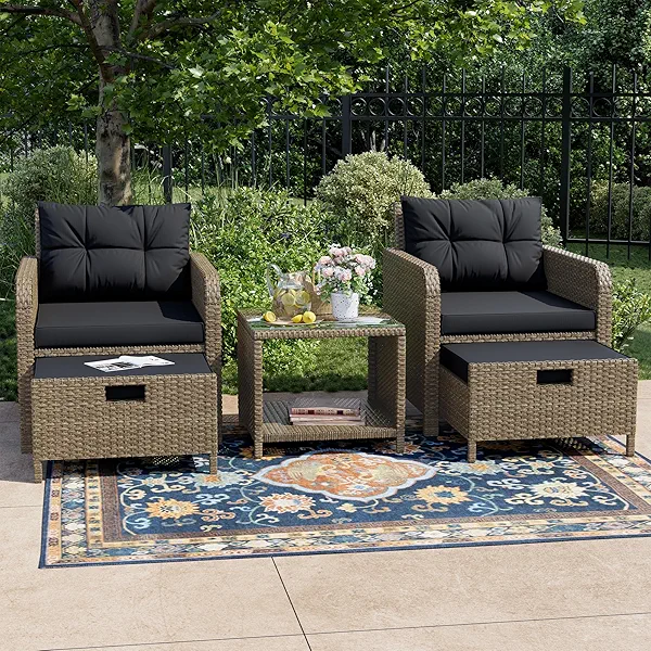 LHBcraft Balcony Furniture 5 Piece Wicker Patio Furniture Set, Outdoor Hand-Woven Rattan Lounge Chairs with Tempered Glass Coffee Table, Ottomans & Soft Cushions for Front Porch, Garden, Black