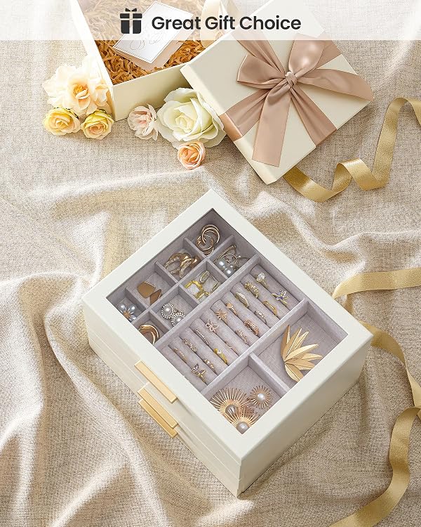Lolalet Jewelry Box, Clear Window Wood Grain Jewelry Storage for Earrings Bracelets Necklaces Rings, High Capacity Organizer for Women, Valentine's Day Gift -Beige, 3 Layers by Lolalet - Image 8