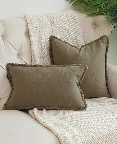 Miniatura 2 de Hckot Funda de almohada de Navidad de 12 x 20 pulgadas, funda de almohada lumbar verde con borlas y flecos, cojines decorativos rústicos para sofá,