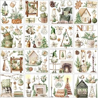 16 Sheets Green Minimalist Christmas Rub on Transfers for Crafts Furniture, Nordic Tree Noel Wreath Sticker Decals for Home Glass Gifts Decor DIY Paper Crafts Wood Supplies 6 x 6 Inch