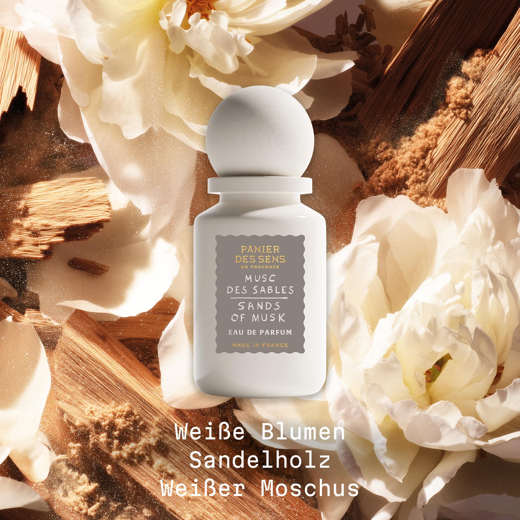 Panier des Sens - Eau De Parfum Damen "Musc Des Sables" 50ml | Pudrig-Weicher Moschusduft, weiße Blüten und Zedernholz - Parfüm Frauen - Elegantes Geschenk Für Frauen - Perfume Women